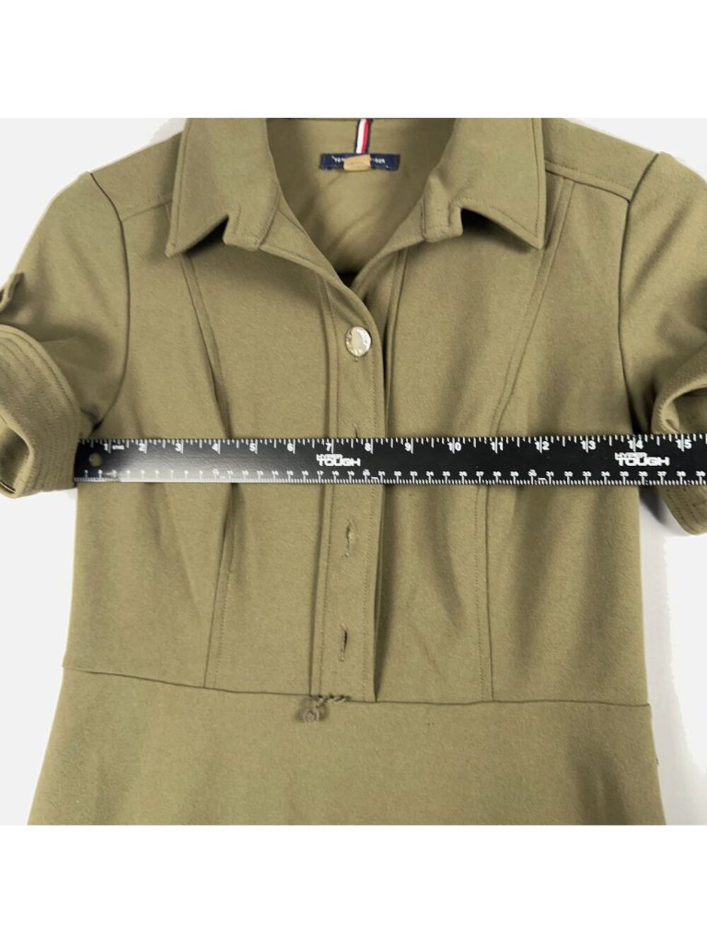 Tommy Hilfiger Shirt Dress Size 4 Olive Green Button Front Fit Flare Rolled Slee - Picture 8 of 10